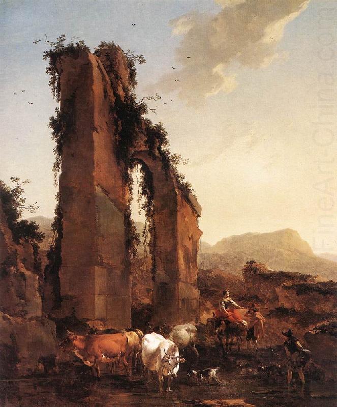 BERCHEM, Nicolaes Peasants with Cattle by a Ruined Aqueduct china oil painting image